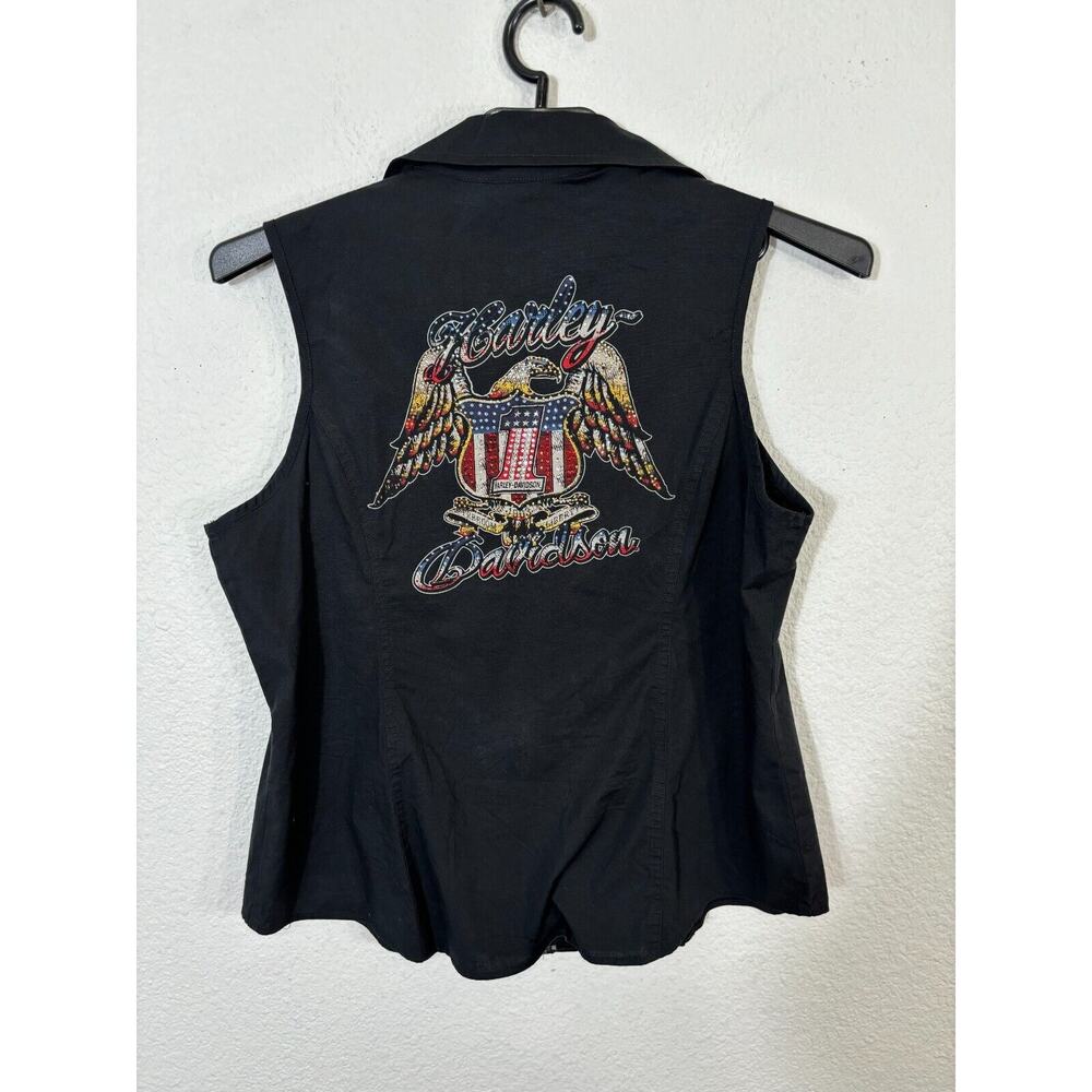 Harley Davidson Top Womens 1W Black Eagle Rhinestones Sleeveless Freedom Zip